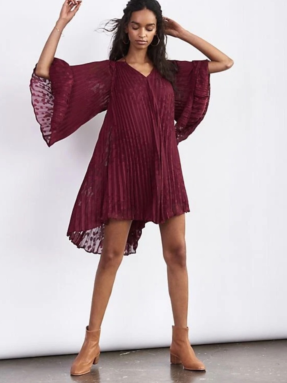 Anthropologie Toulon Pleated Swing Mini Dress Burgundy Fun & Flirty | Size XS